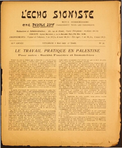 L'Echo Sioniste. Vol. 16 n° 16 (5 mai 1922)